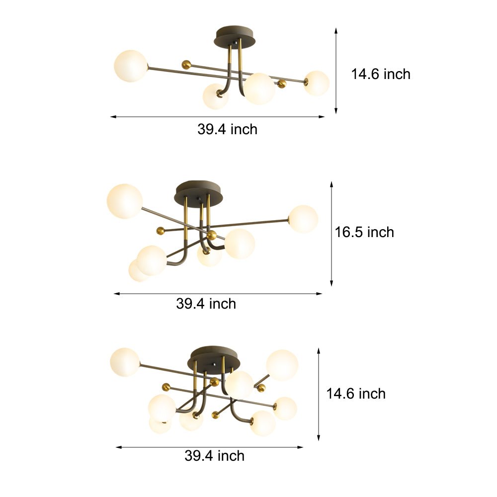 4-Light Black Gold Blown Glass Geometric Sputnik Semi-Flush Mount Light
