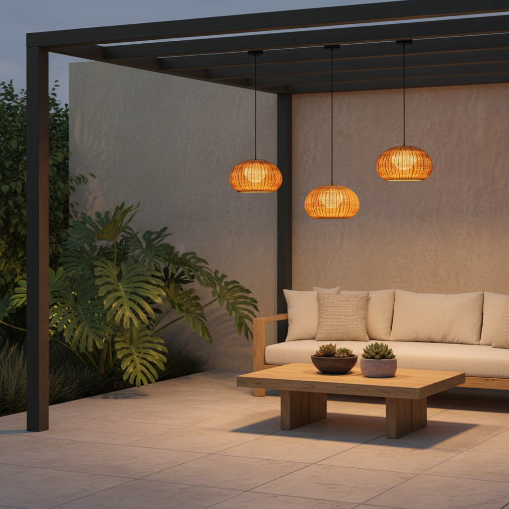 Natural Beige Rattan Outdoor Wall Pendant Light — IP55 Patio Ambient