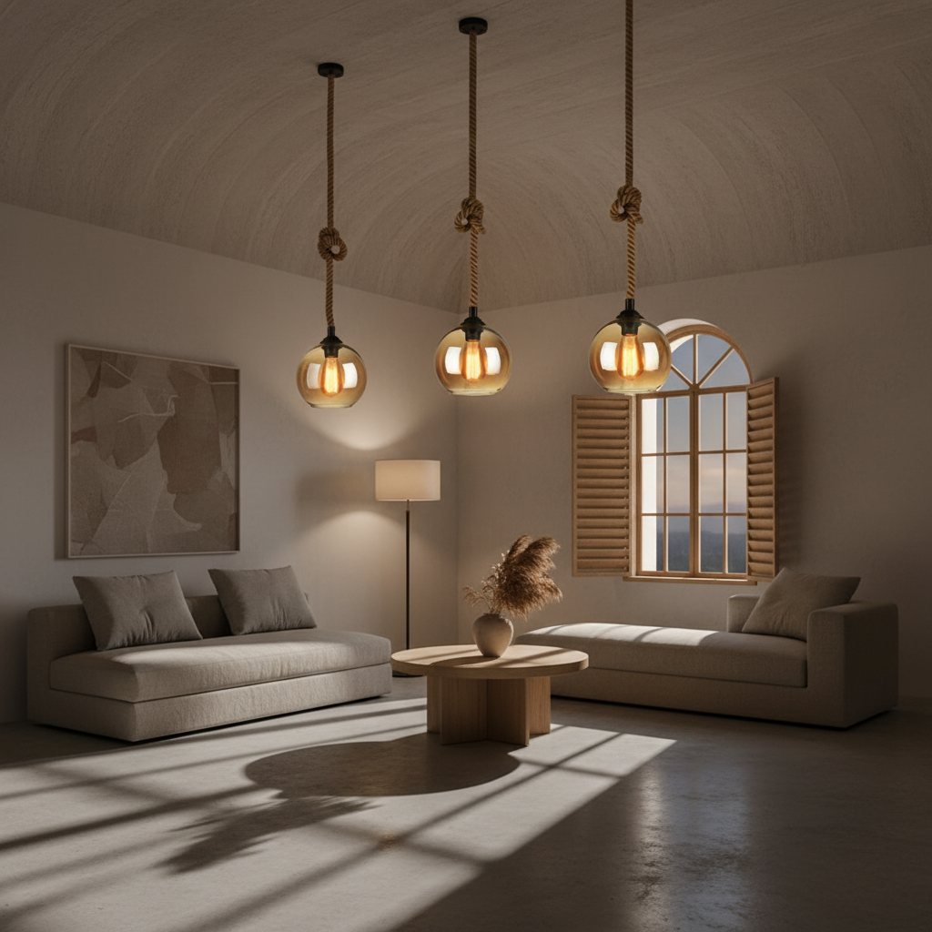 Amber Hand-Blown Glass Hemp Rope Pendant Light — Adjustable Industrial