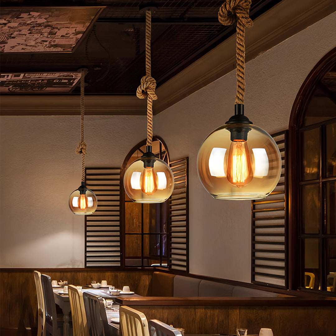 Amber Hand-Blown Glass Hemp Rope Pendant Light — Adjustable Industrial