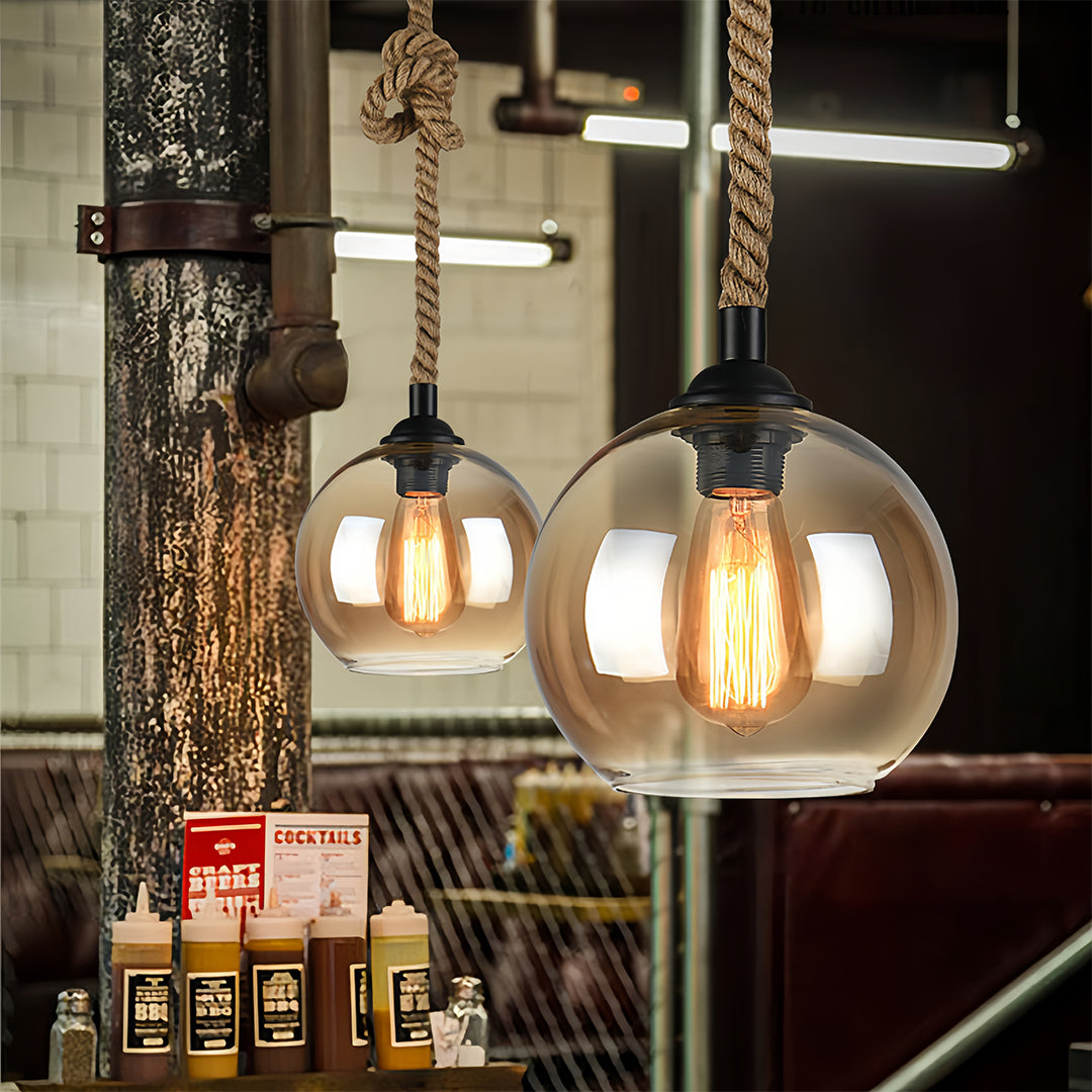 Amber Hand-Blown Glass Hemp Rope Pendant Light — Adjustable Industrial