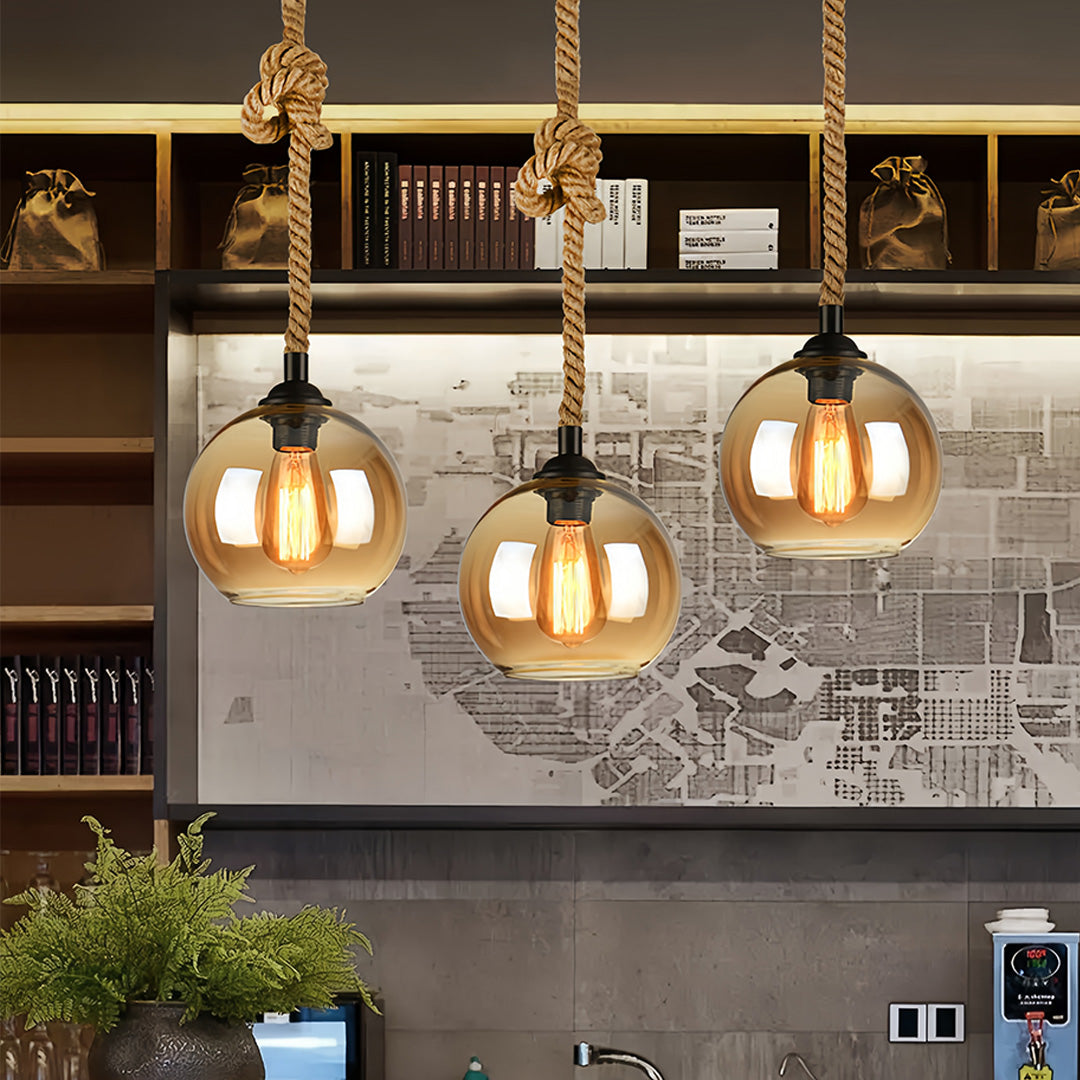 Amber Hand-Blown Glass Hemp Rope Pendant Light — Adjustable Industrial