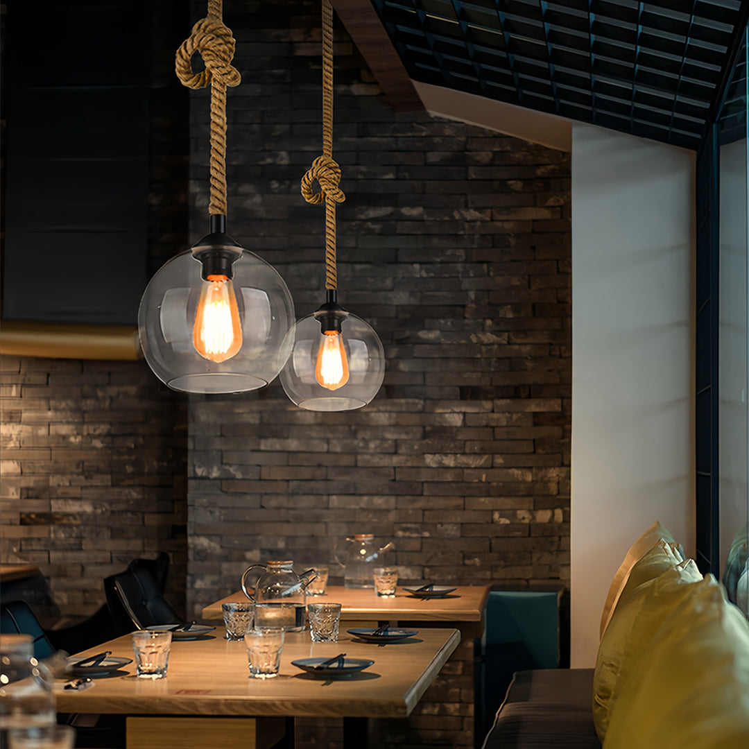 Amber Hand-Blown Glass Hemp Rope Pendant Light — Adjustable Industrial