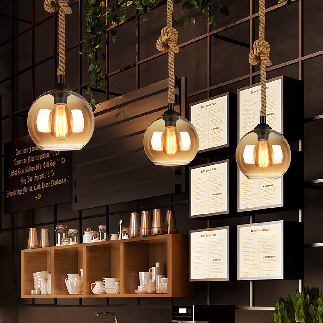 Amber Hand-Blown Glass Hemp Rope Pendant Light — Adjustable Industrial