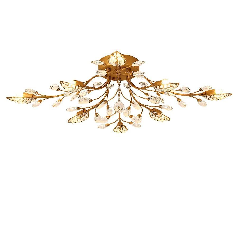Antique Brass Crystal Branch Semi-Flush Mount Chandelier — K9 LED