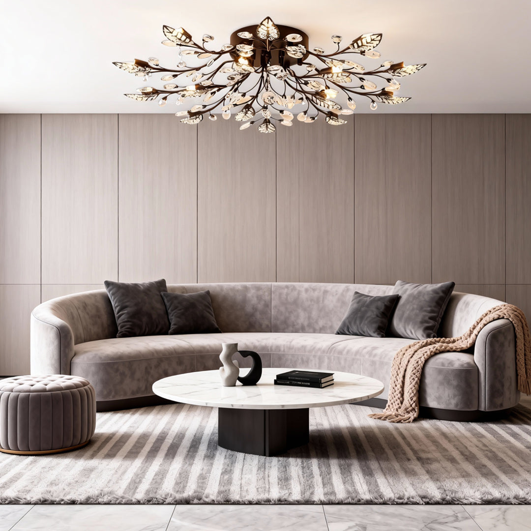 Antique Brass Leaf Crystal G4 Chandelier — Vintage Dining Room Hanging