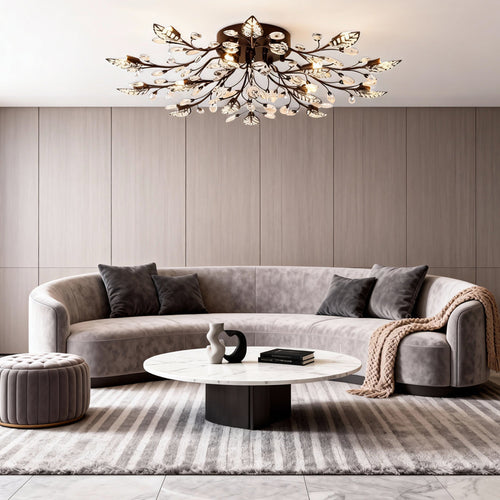 Antique Brass Leaf Crystal G4 Chandelier — Vintage Dining Room Hanging