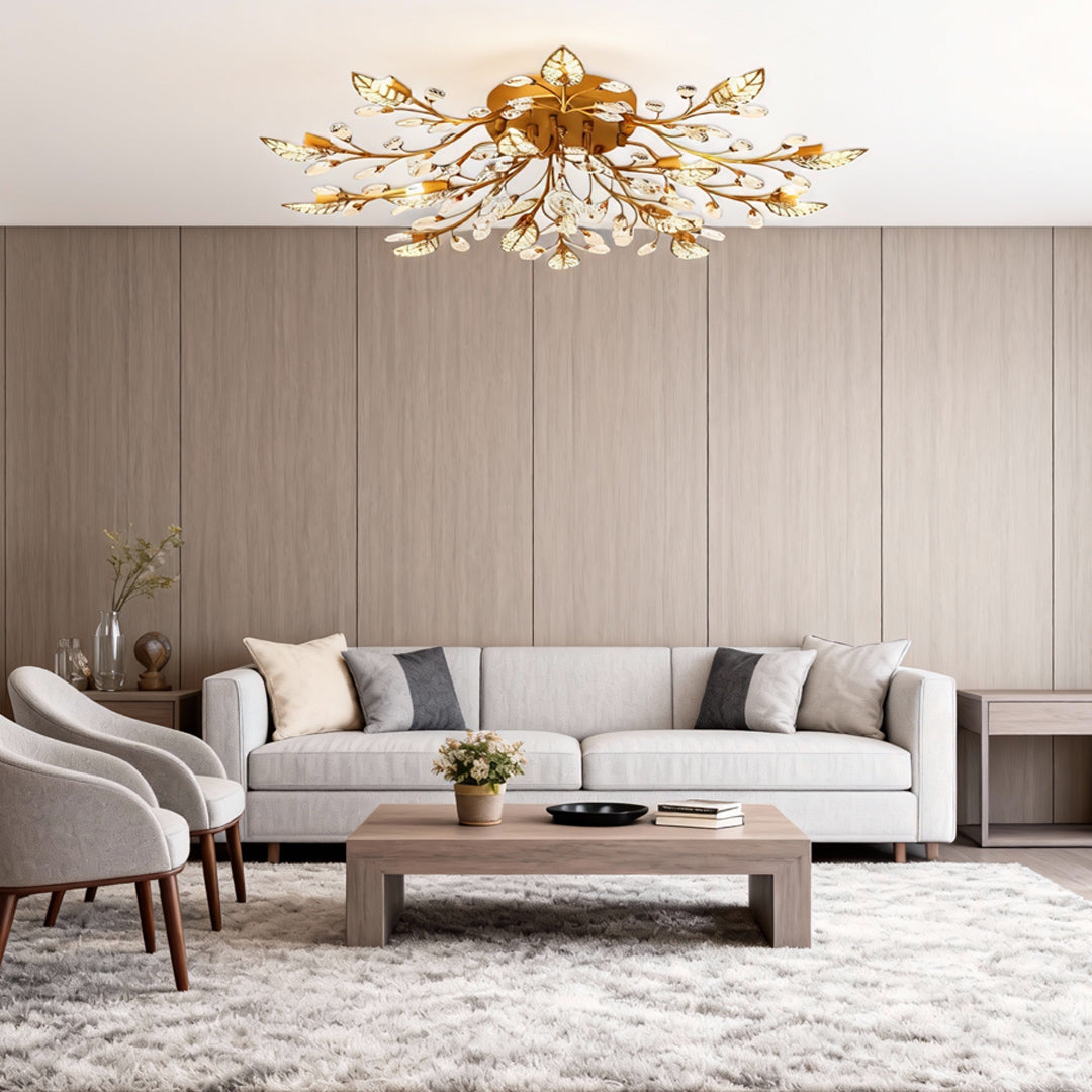 Antique Brass Leaf Crystal G4 Chandelier — Vintage Dining Room Hanging
