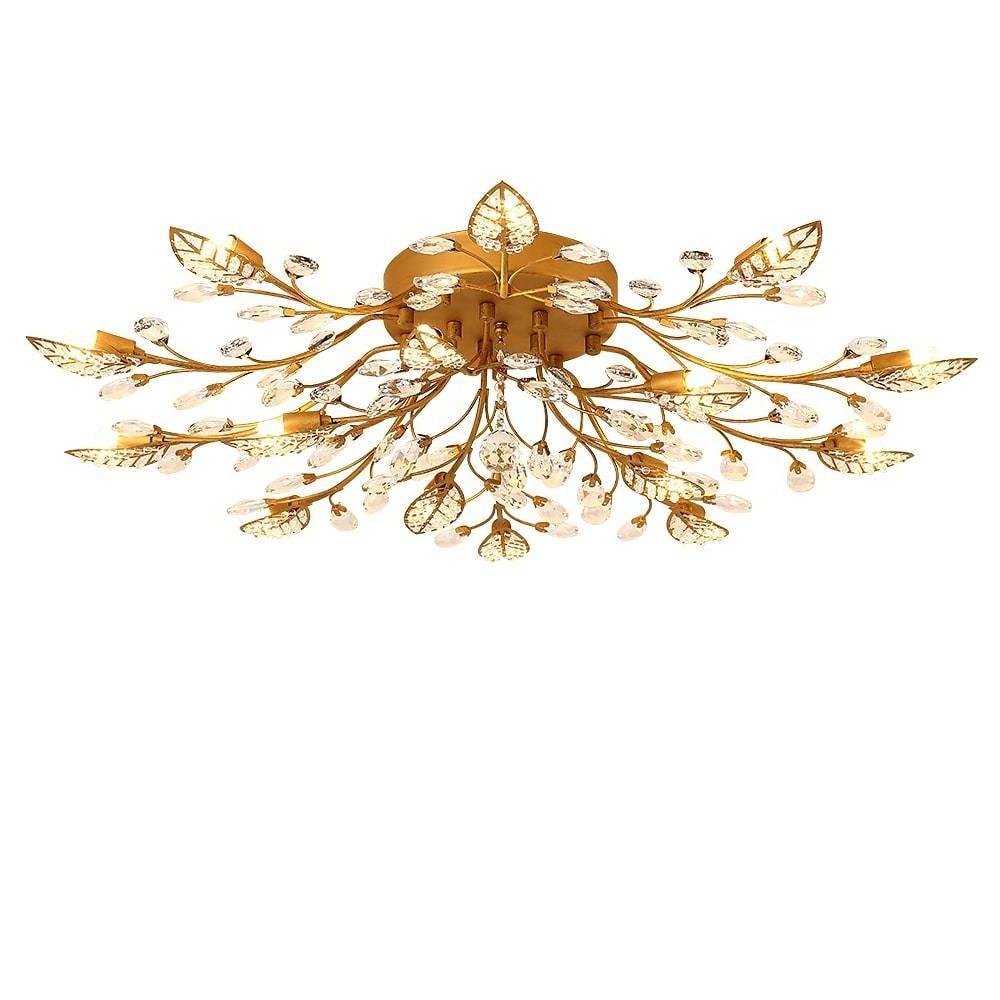 Antique Brass Leaf Crystal G4 Chandelier — Vintage Dining Room Hanging