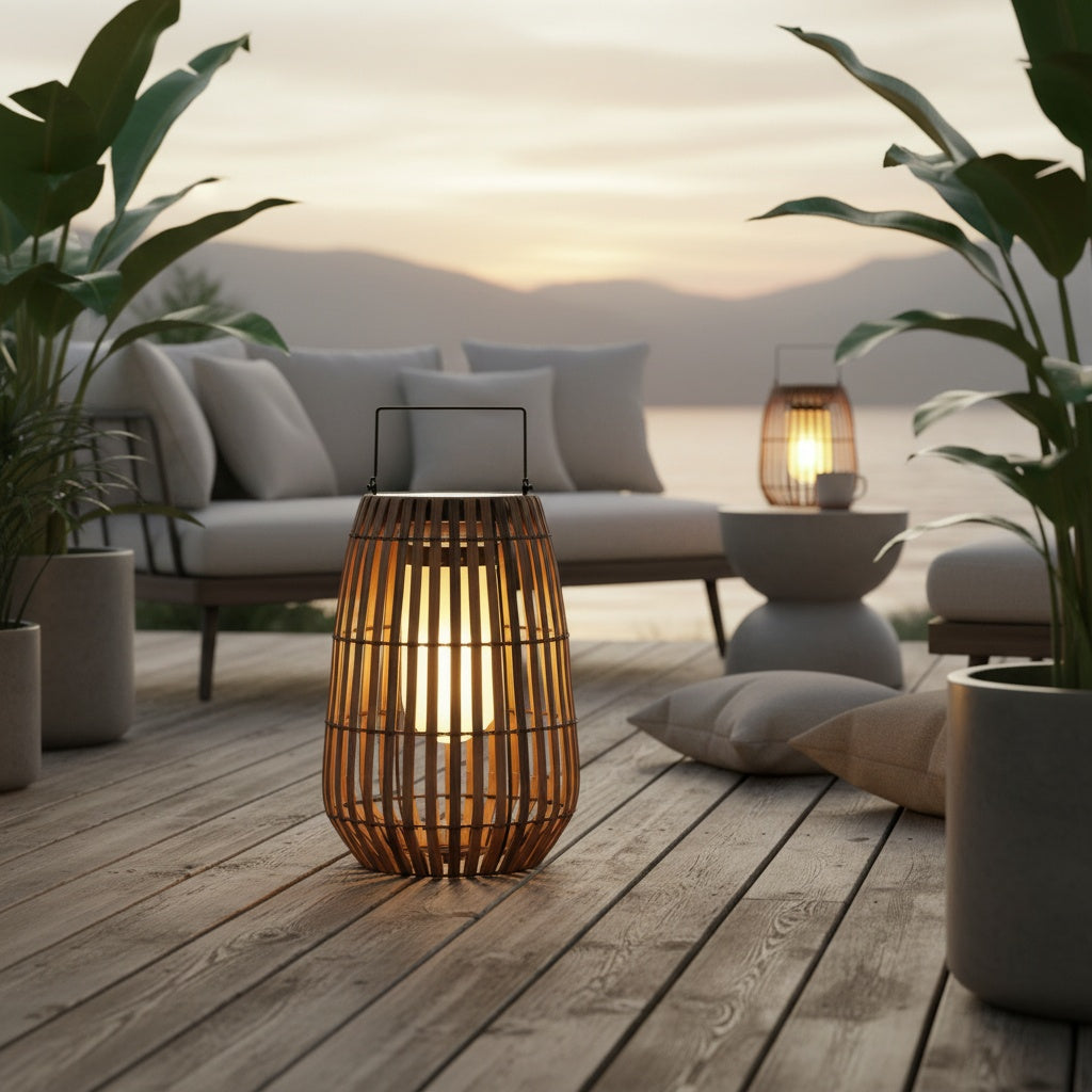Bamboo Style Solar Outdoor Lantern — Rattan Design Dual Power Option