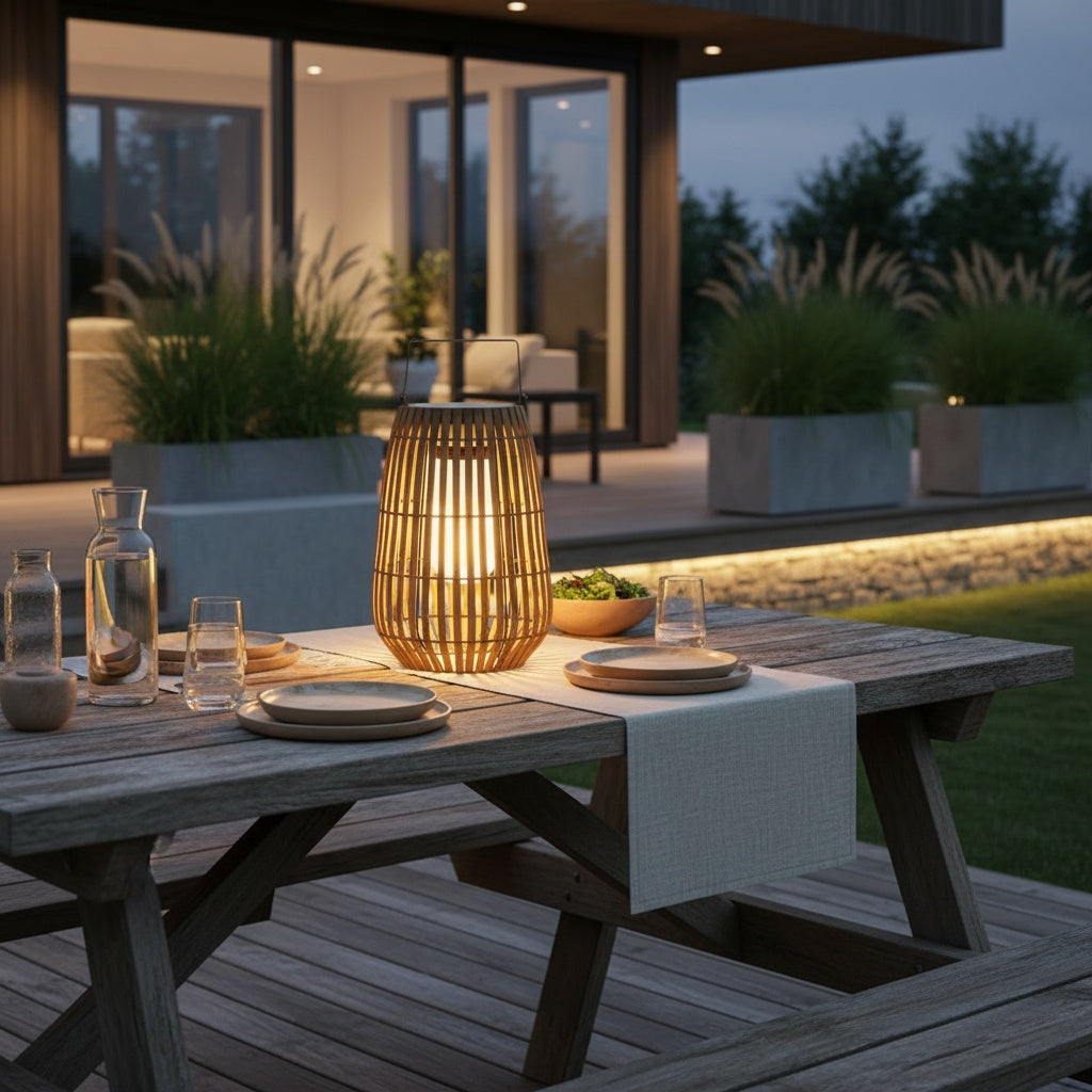 Bamboo Style Solar Outdoor Lantern — Rattan Design Dual Power Option