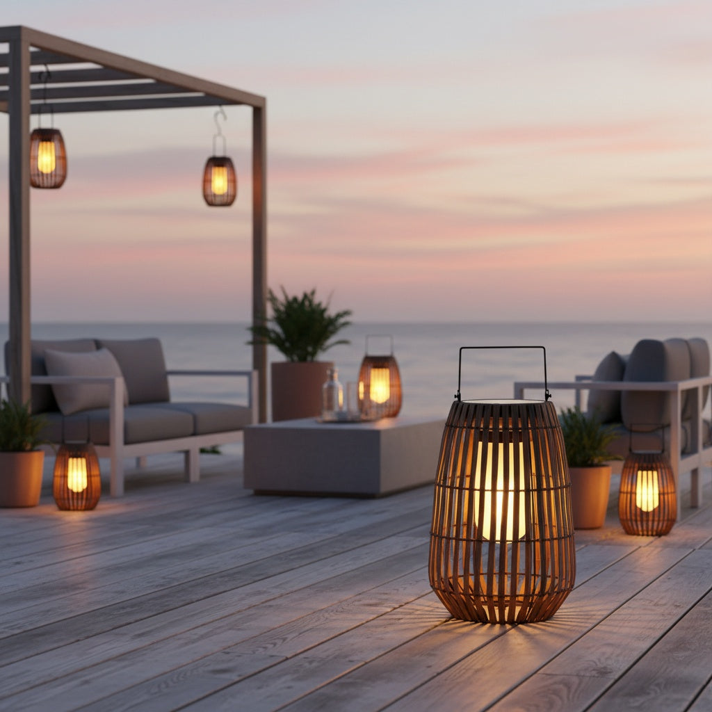 Bamboo Style Solar Outdoor Lantern — Rattan Design Dual Power Option