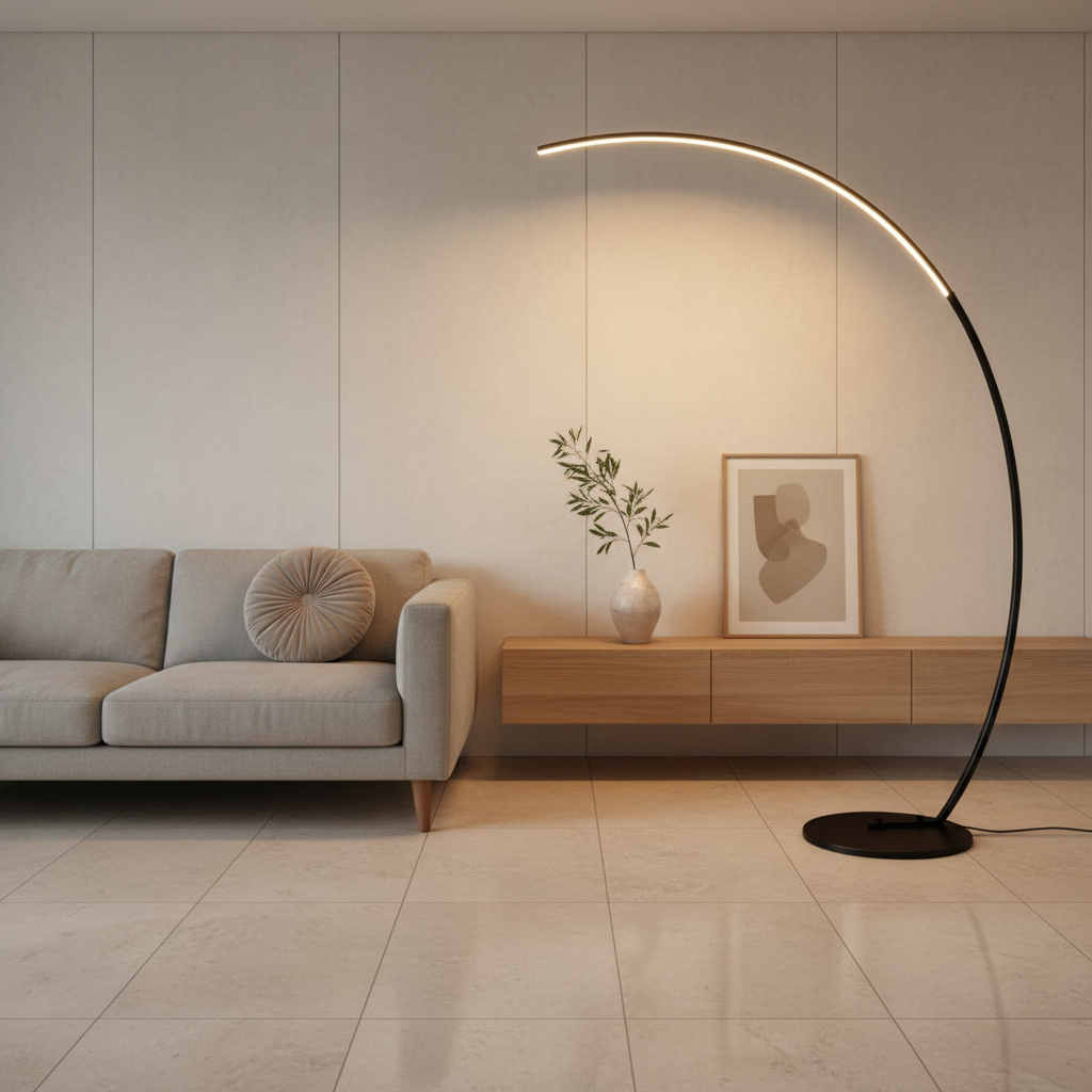 Black Aluminium Arc Floor Lamp — Remote Control Dimmable White LED