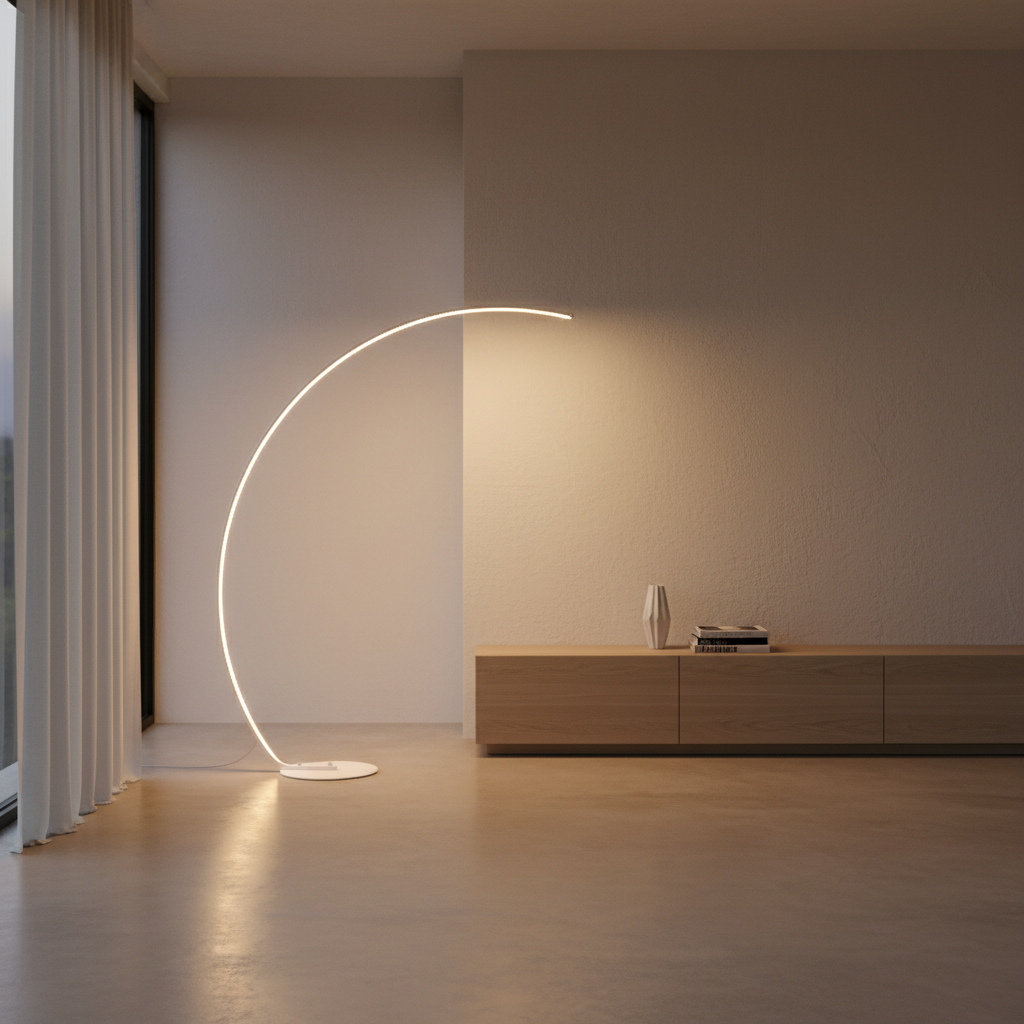 Black Aluminium Arc Floor Lamp — Remote Control Dimmable White LED
