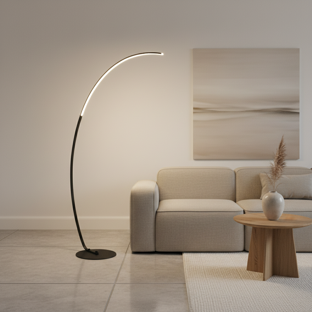 Black Aluminium Arc Floor Lamp — Remote Control Dimmable White LED