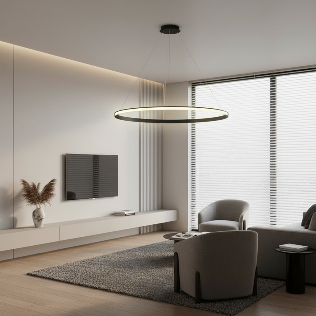 Black Aluminium LED Ring Chandelier — Dimmable White Contemporary Interior