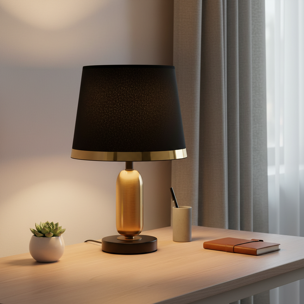 Black Brass Cylindrical Fabric Shade Adjustable Temperature Table Lamp