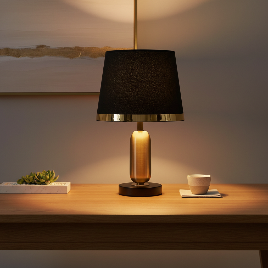 Black Brass Cylindrical Fabric Shade Adjustable Temperature Table Lamp