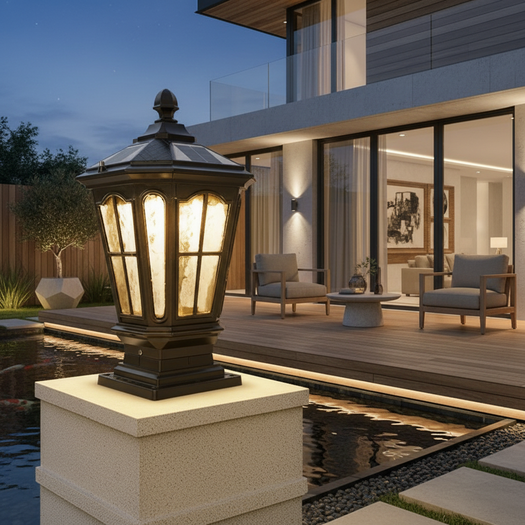 Black Die-Cast Aluminium Retro Stone Effect Solar Pillar Light — Hardwired