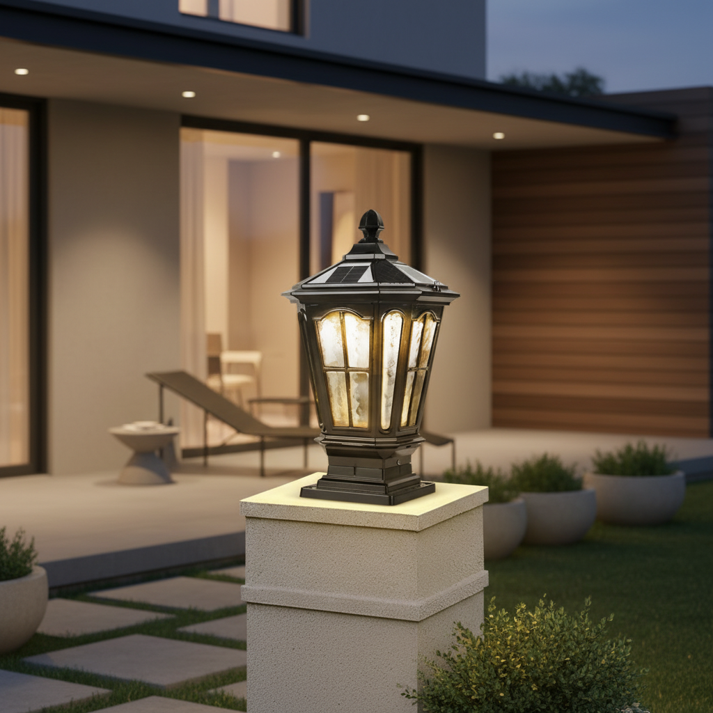 Black Die-Cast Aluminium Retro Stone Effect Solar Pillar Light — Hardwired