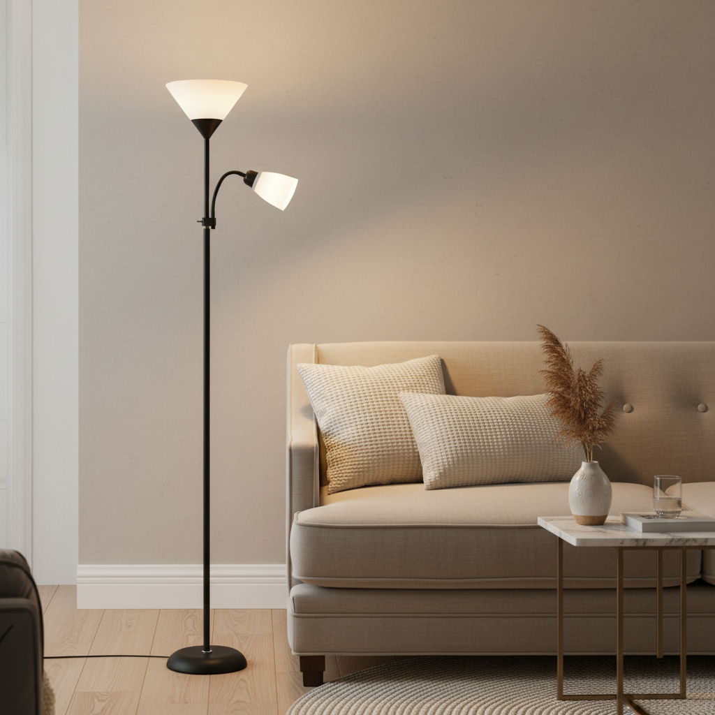 Black Dimmable Torchiere Acrylic Shade Adjustable Uplight Floor Lamp