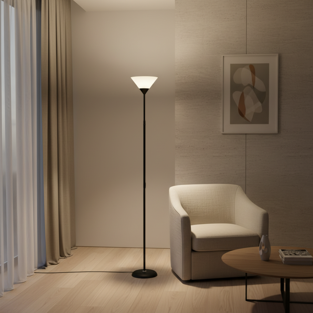 Black Dimmable Torchiere Acrylic Shade Adjustable Uplight Floor Lamp