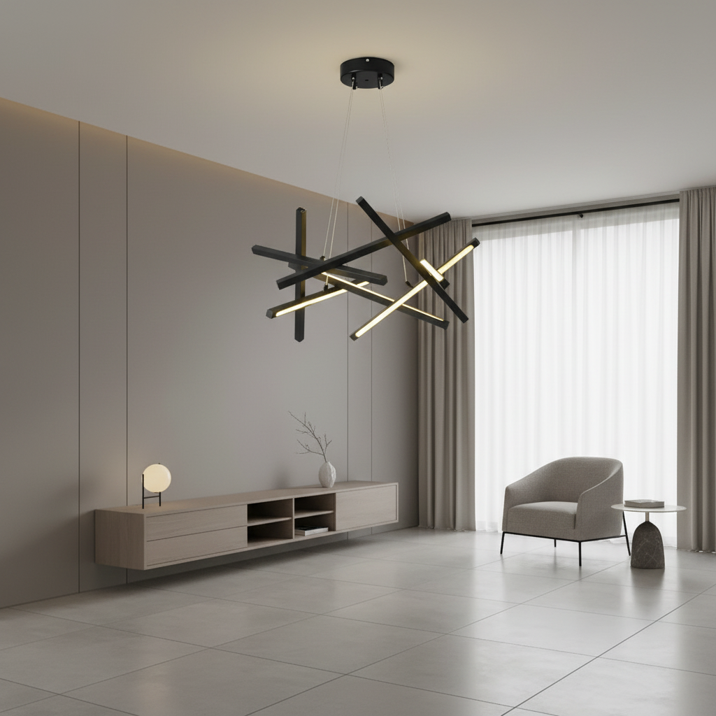 Black Geometric LED Chandelier — Adjustable Colour Temperature Modern