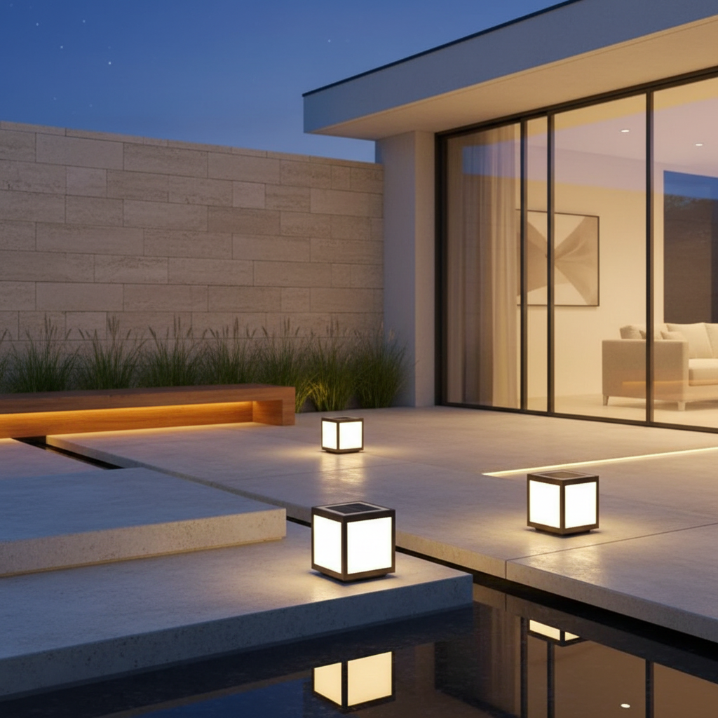 Black Geometric Solar Outdoor Wall Light — Pillar Mount Modern LED