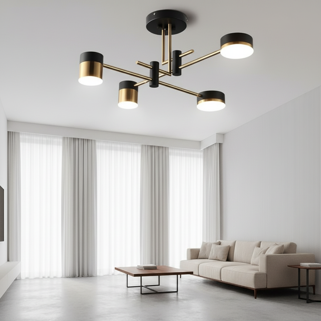 Black Gold Sputnik 4-Light Chandelier — 3-Step Dimmable Acrylic Shade