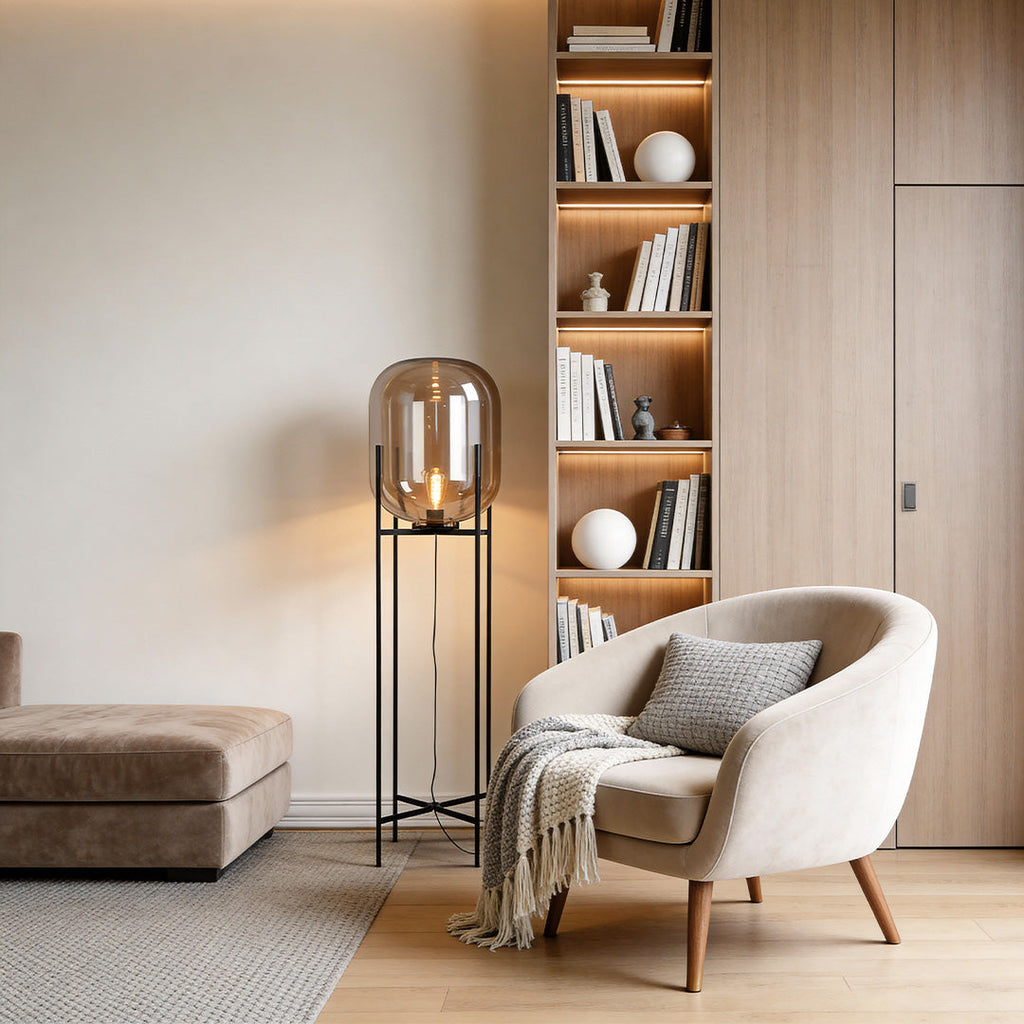 Bubbluxe | Modern Black Floor Lamp with Hand-Blown Glass Shade 2