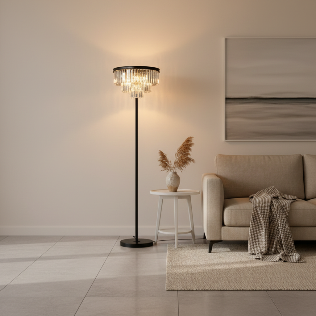 Black Iron American Style E27 Crystal Shade Decorative Floor Lamp