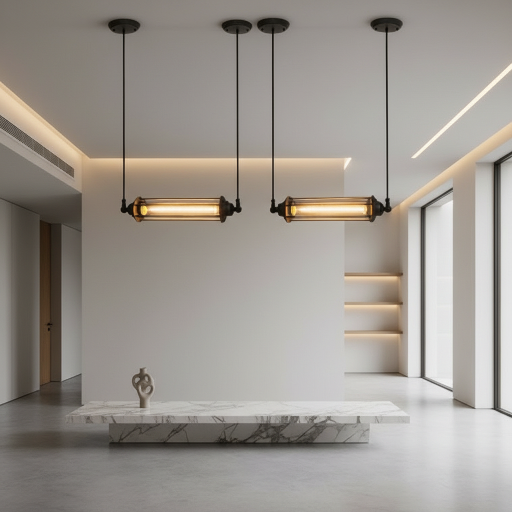 Black Iron Vertical Industrial Kitchen Pendant Light — Ambient Hallway