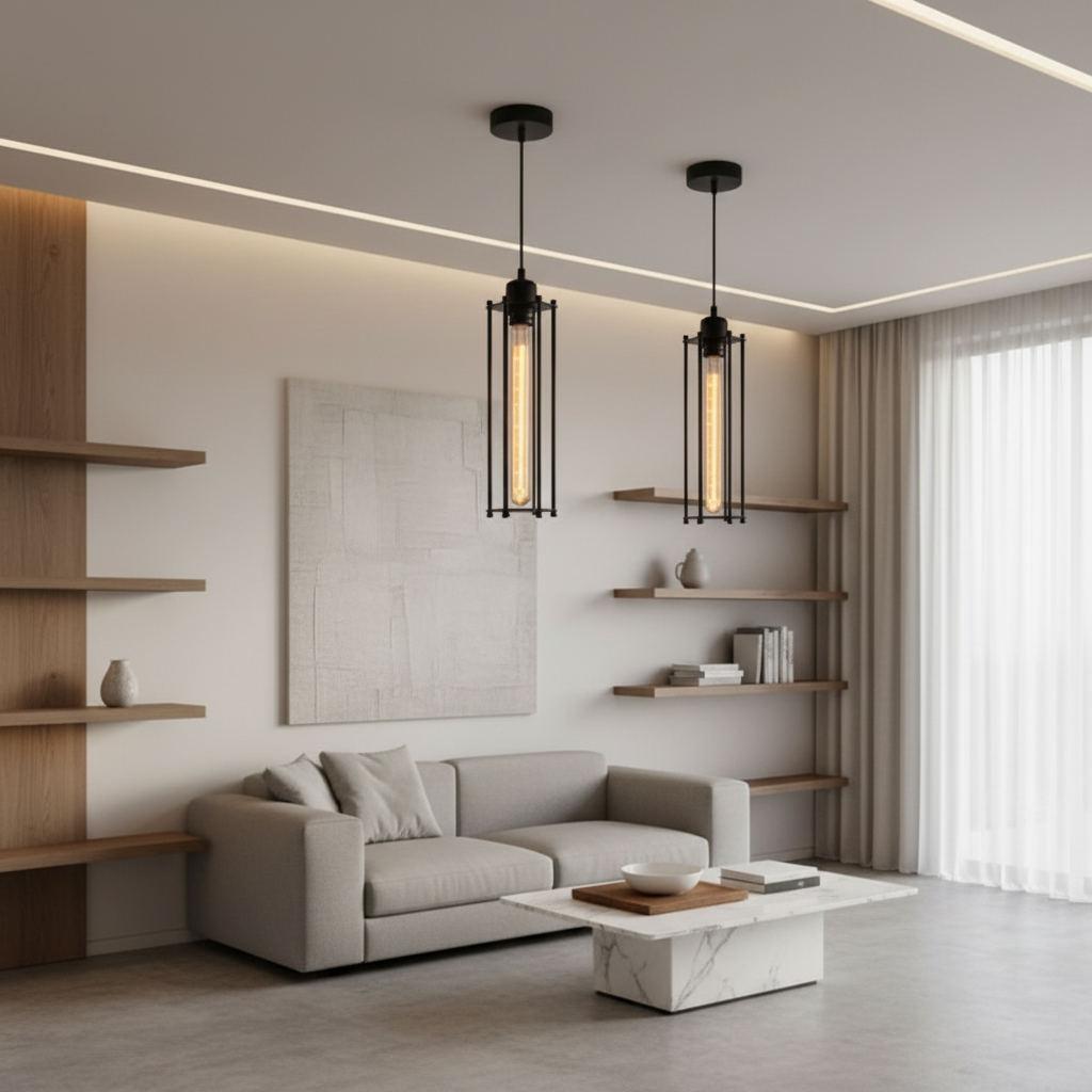Black Iron Vertical Industrial Kitchen Pendant Light — Ambient Hallway