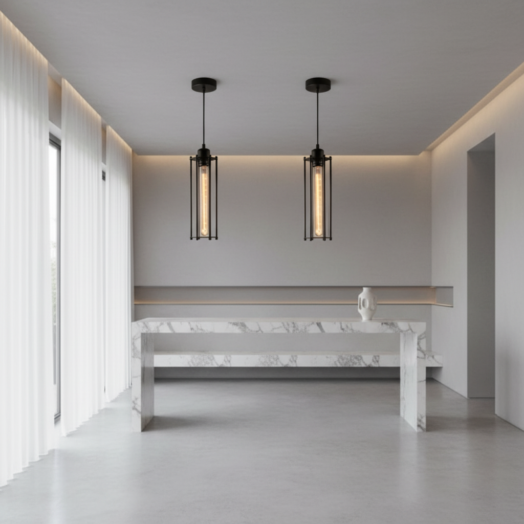 Black Iron Vertical Industrial Kitchen Pendant Light — Ambient Hallway