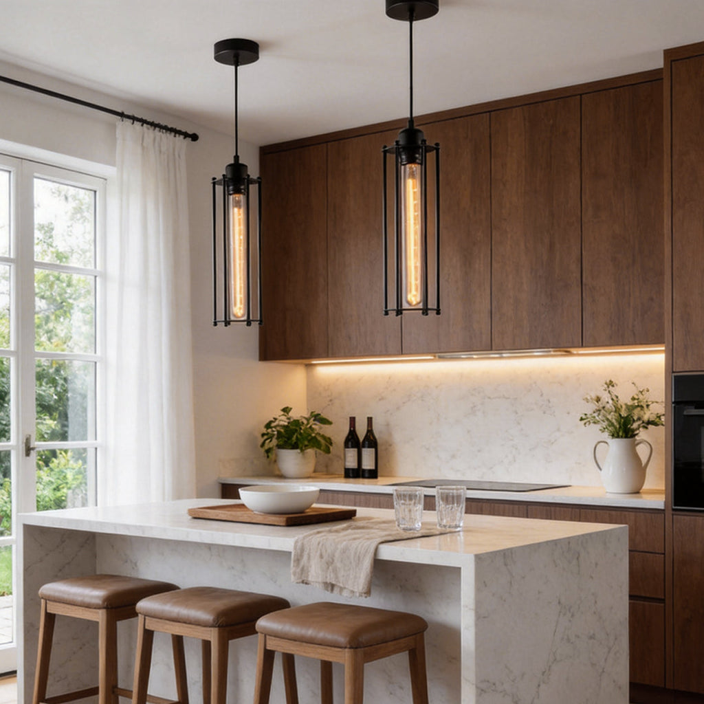 Black Iron Vertical Industrial Kitchen Pendant Light — Ambient Hallway