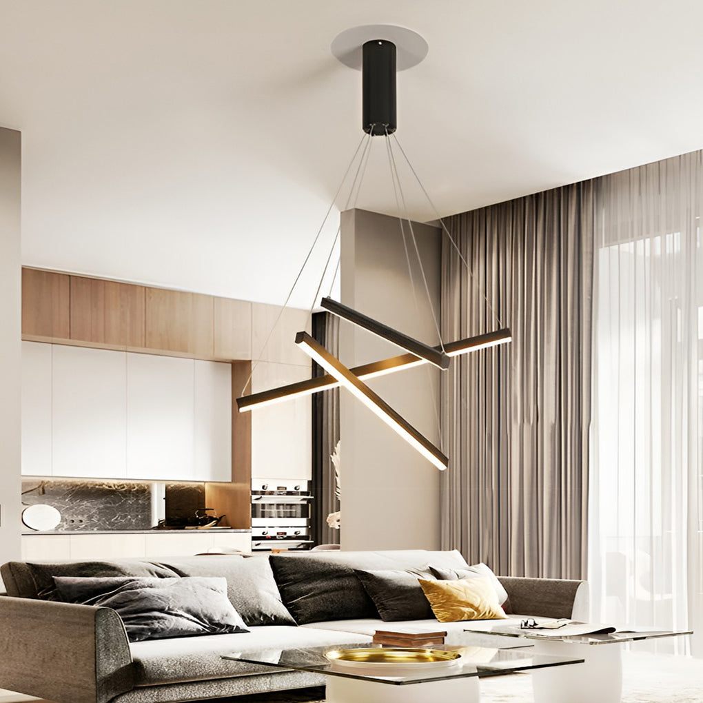 Black Linear Criss 3-Light LED Chandelier — Adjustable Brightness White