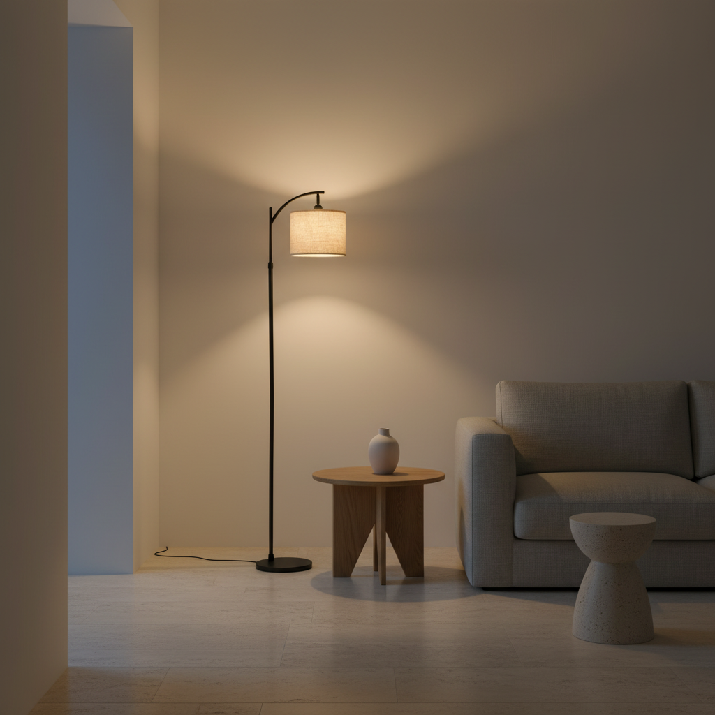 Black Minimalist Beige Fabric Shade Warm White 3000K Arched Floor Lamp