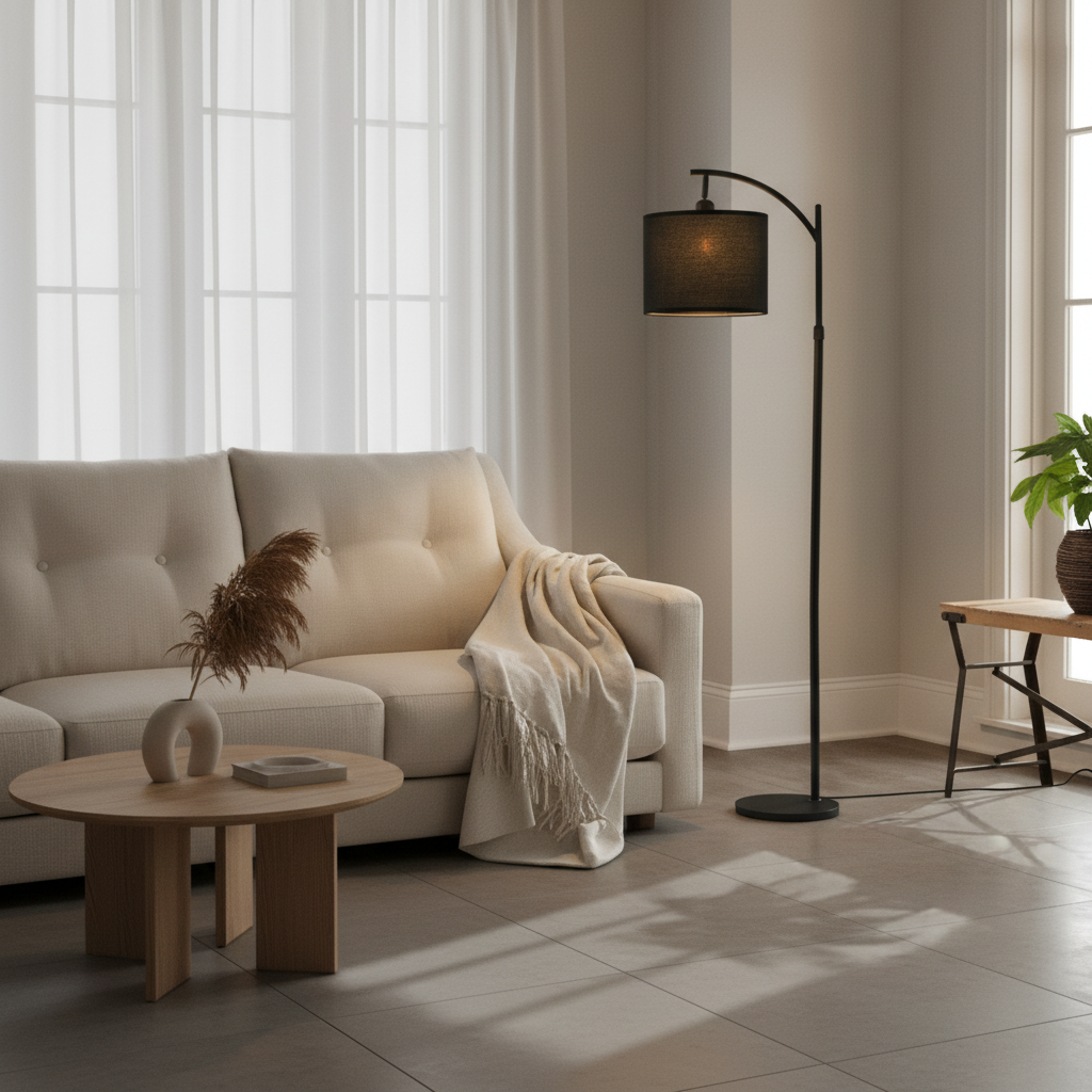 Black Minimalist Beige Fabric Shade Warm White 3000K Arched Floor Lamp