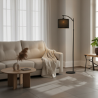 Black Minimalist Beige Fabric Shade Warm White 3000K Arched Floor Lamp