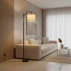 Black Minimalist Beige Fabric Shade Warm White 3000K Arched Floor Lamp