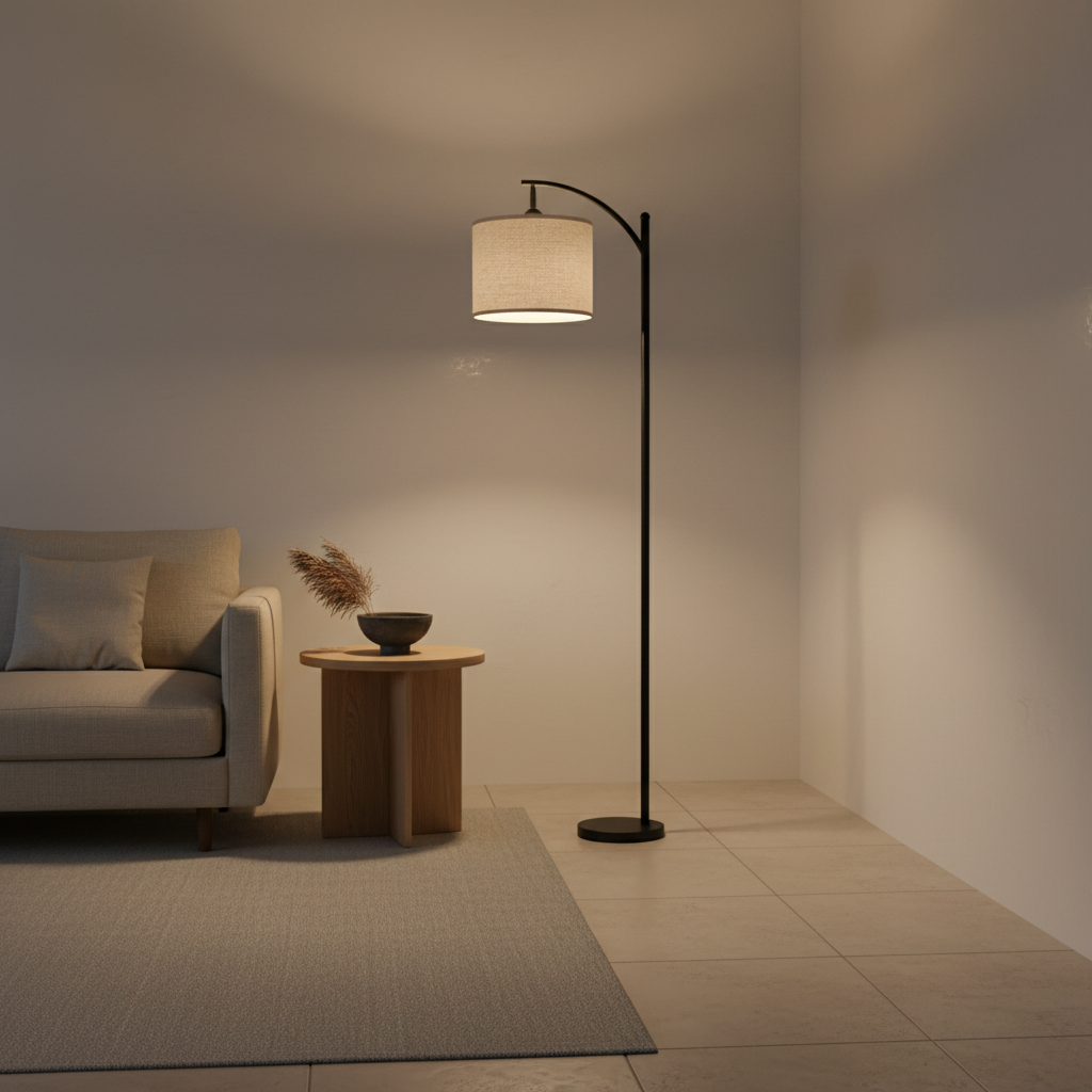 Black Minimalist Beige Fabric Shade Warm White 3000K Arched Floor Lamp