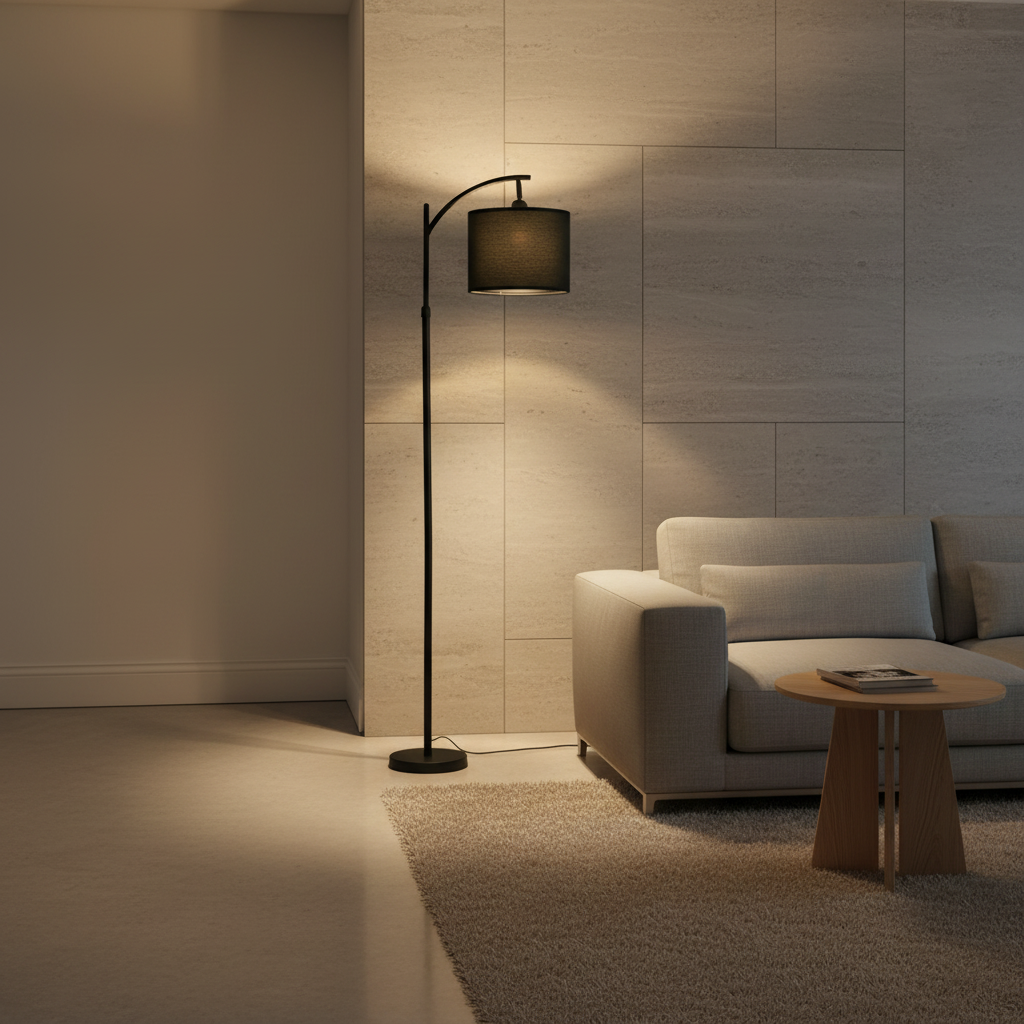 Black Minimalist Beige Fabric Shade Warm White 3000K Arched Floor Lamp