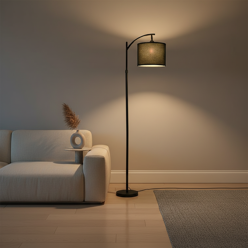 Black Minimalist Beige Fabric Shade Warm White 3000K Arched Floor Lamp