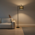 Black Minimalist Beige Fabric Shade Warm White 3000K Arched Floor Lamp