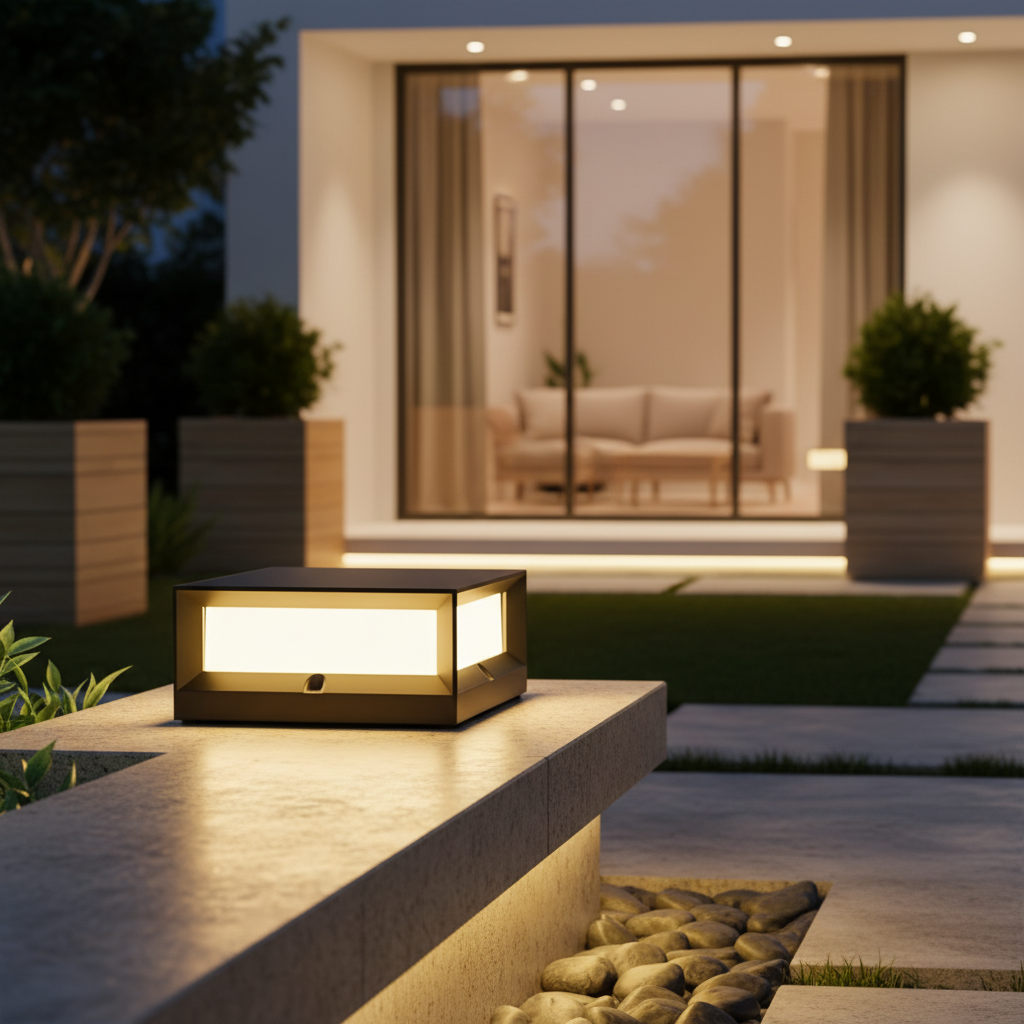 Black Modern Solar Garden Pillar Light — Warm White Weatherproof LED