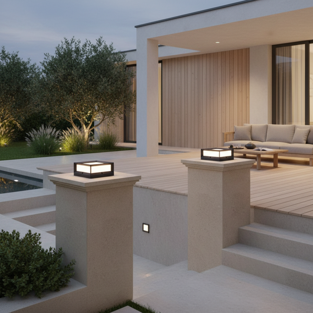 Black Modern Solar Garden Pillar Light — Warm White Weatherproof LED