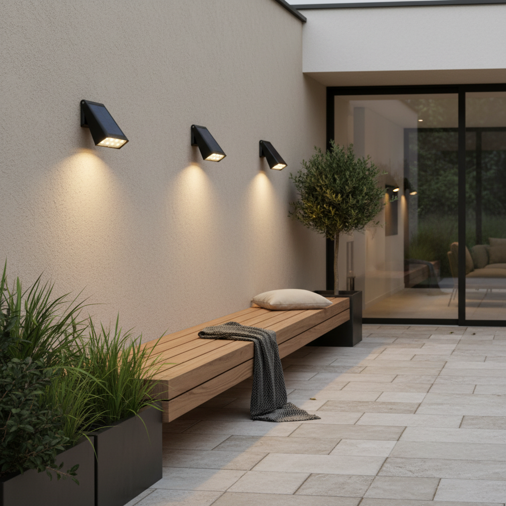 Black Solar Outdoor Wall Lantern — Adjustable Panel Warm White Garden