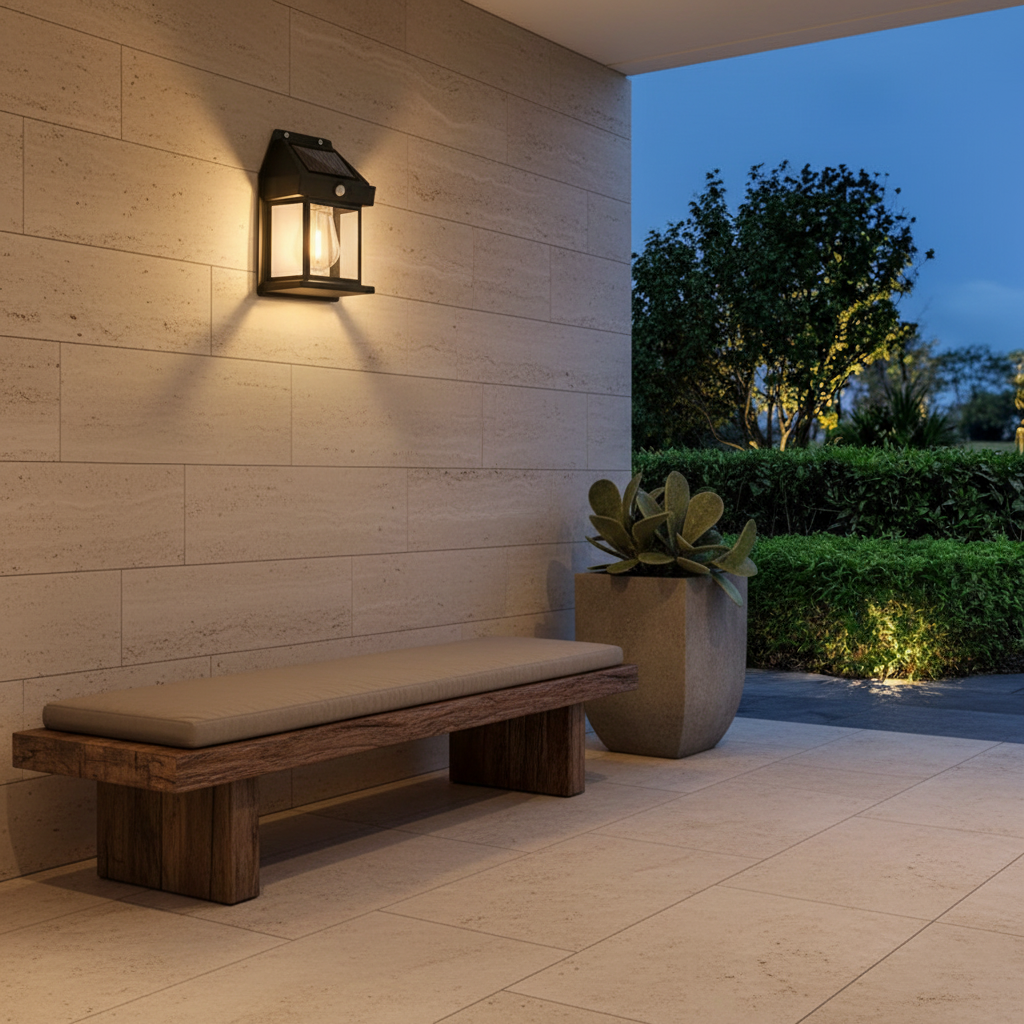Black Solar Outdoor Wall Lantern — IP65 Eco Friendly Small Profile