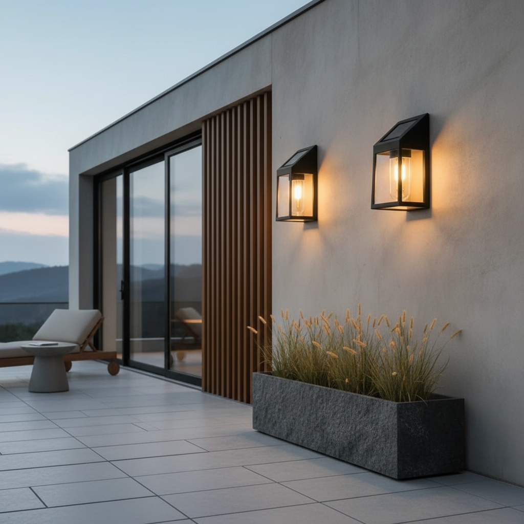 Black Solar Outdoor Wall Lantern — IP65 Eco Friendly Small Profile