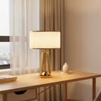 Brass Geometric Faux Silk Shade Table Lamp — In-Line Switch Bedroom